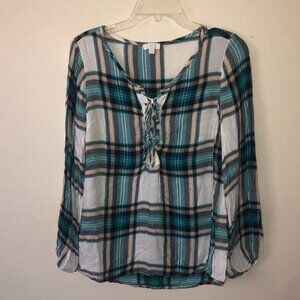 🌞 Charming Charlie Blouse Plaid Teal Size Large Tie Cowgirl Western